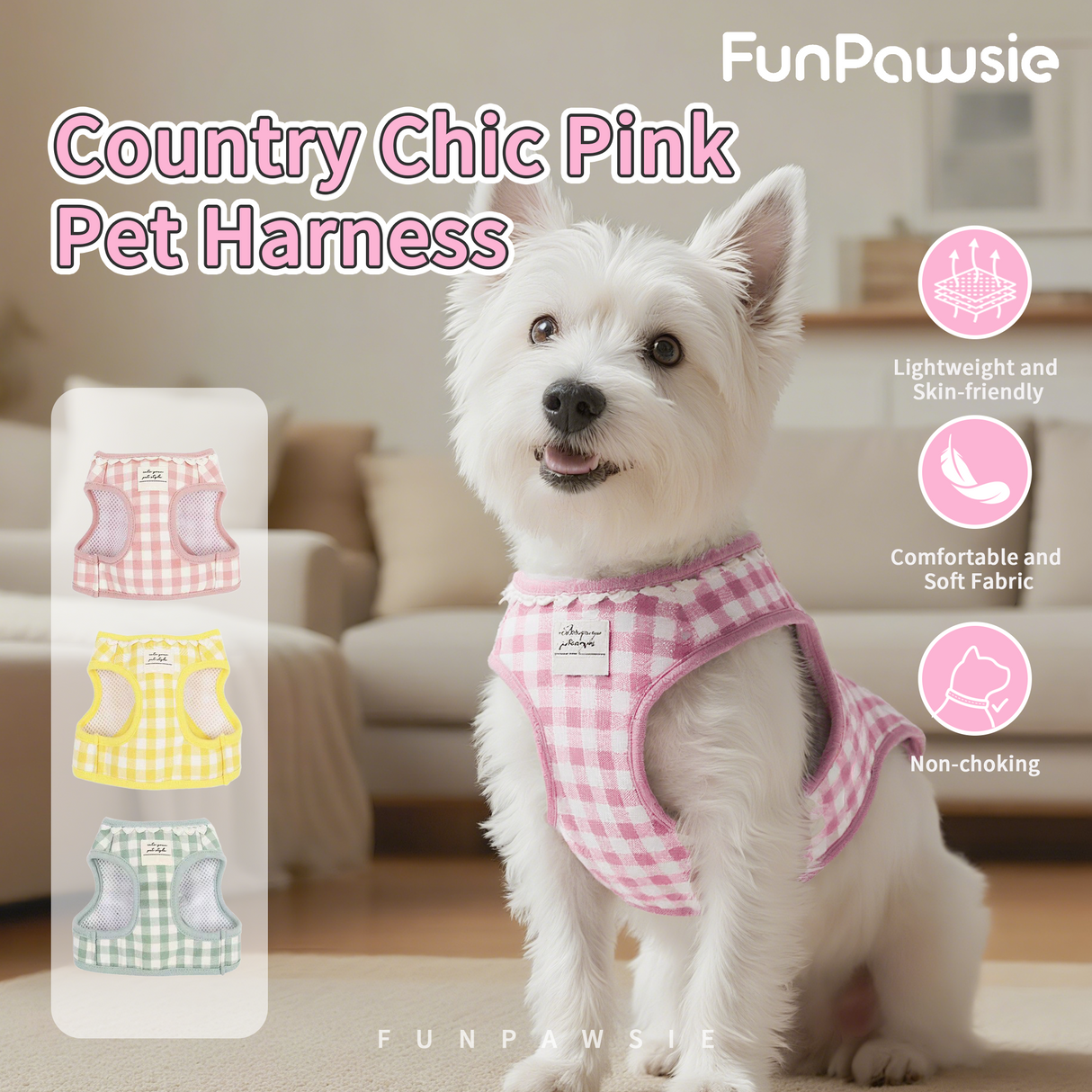Pet Harness and Leash Set: Country Chic Pink Gingham Breathable Mesh