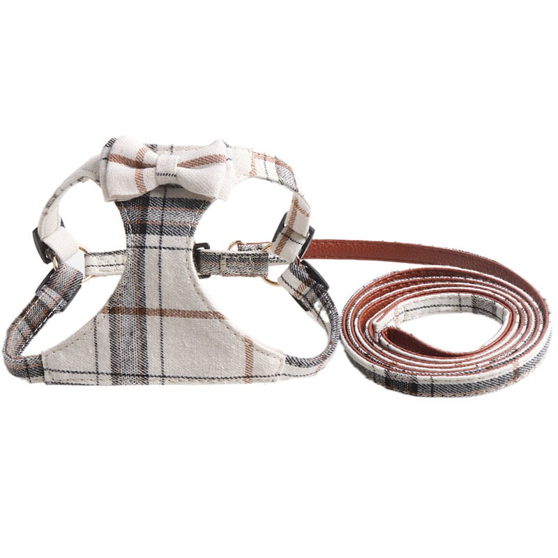Plaid Bowknot Pet Harness & Leash Set: British Grace Series