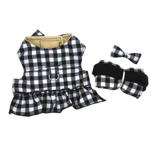 Pet Harness Dress Set: Gingham Fashion Ensemble