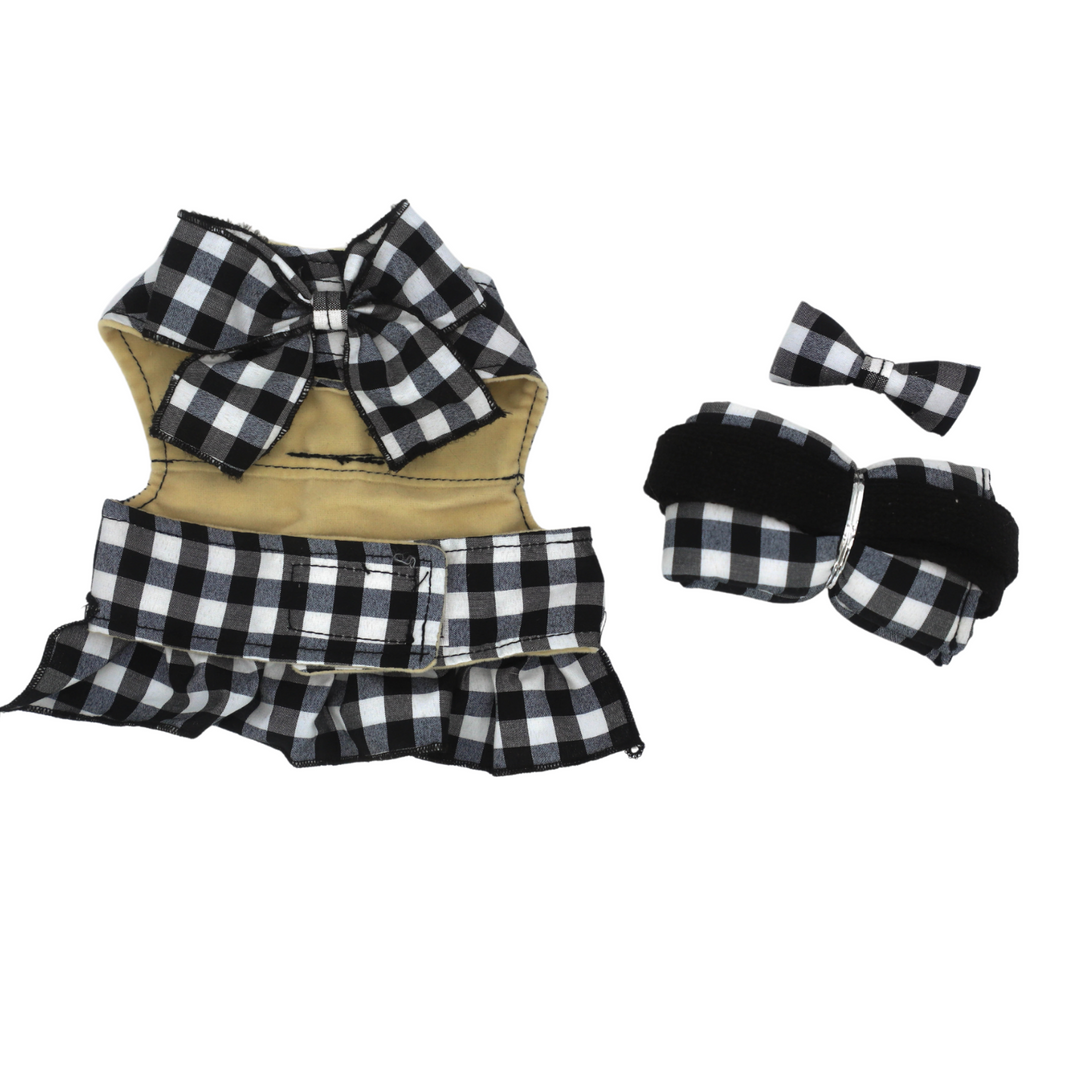 Pet Harness Dress Set: Gingham Fashion Ensemble