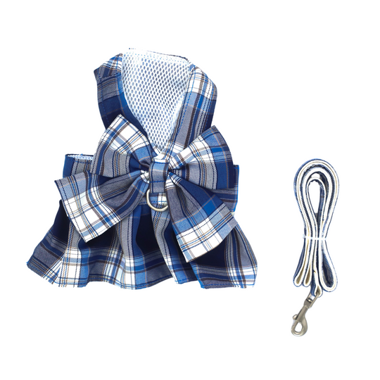 Pet Harness and Leash Set: Stylish Plaid Bow Design