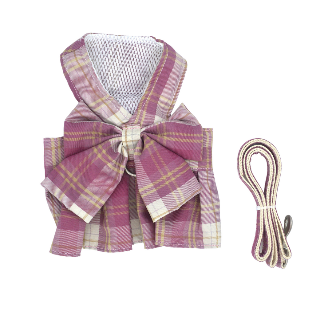 Pet Harness and Leash Set: Stylish Plaid Bow Design