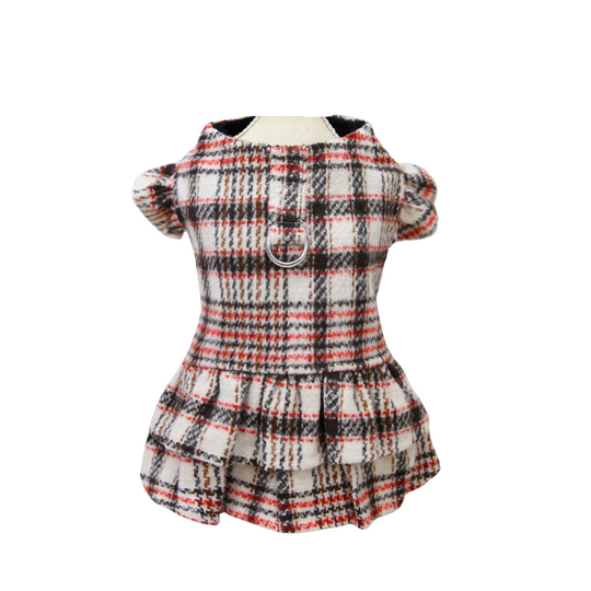 Plaid Tiered Skirt Pet Harness: Elegant & Warm Series