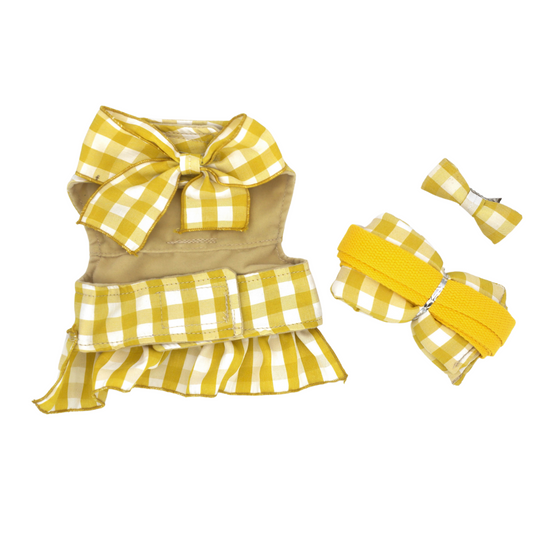 Pet Harness Dress Set: Gingham Fashion Ensemble