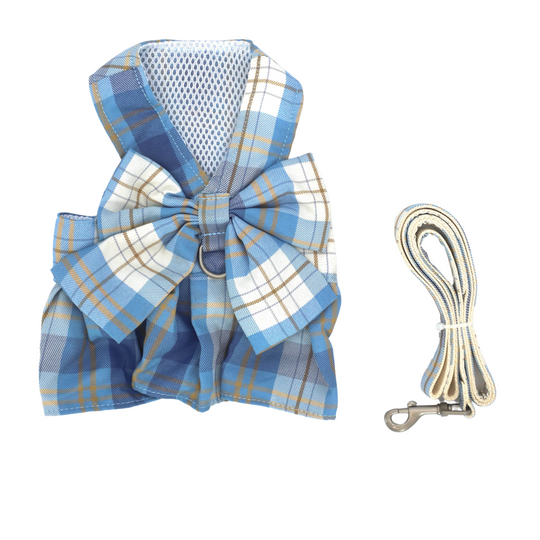 Pet Harness and Leash Set: Stylish Plaid Bow Design