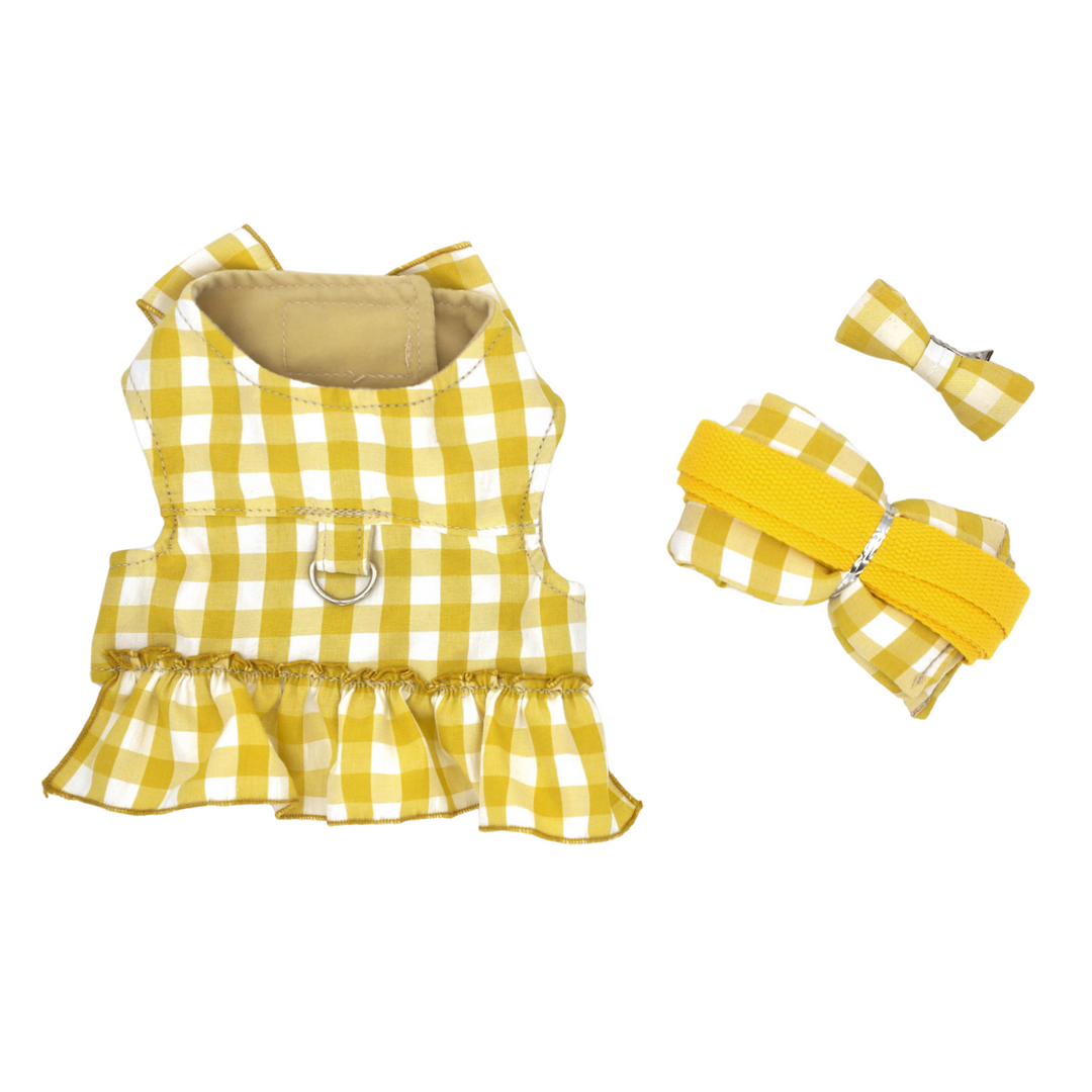 Pet Harness Dress Set: Gingham Fashion Ensemble