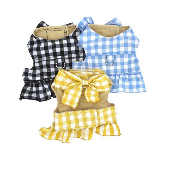 Pet Harness Dress Set: Gingham Fashion Ensemble